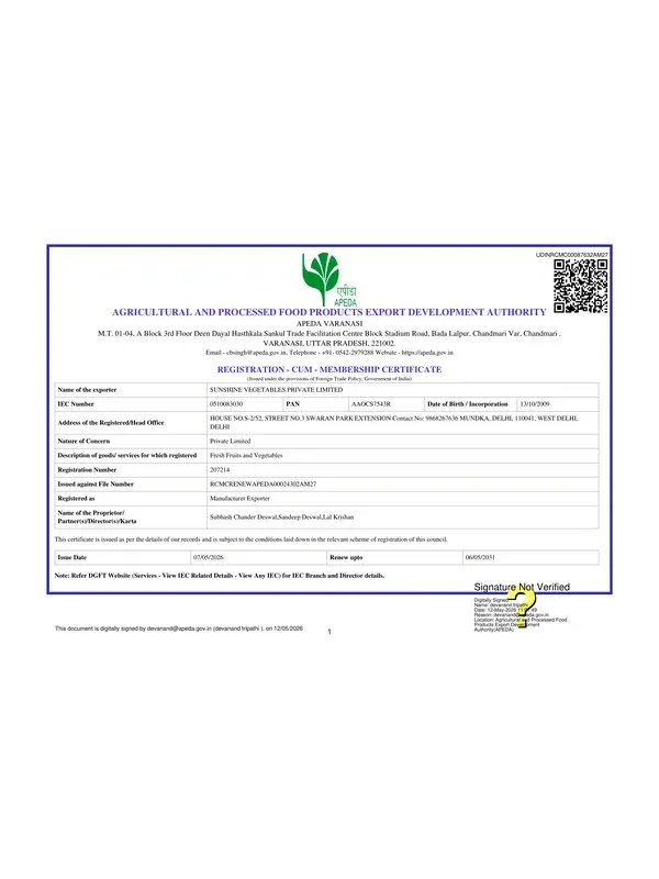 APEDA registration-cum-membership certificate of Sunshine Vegetables Private Limited, first page