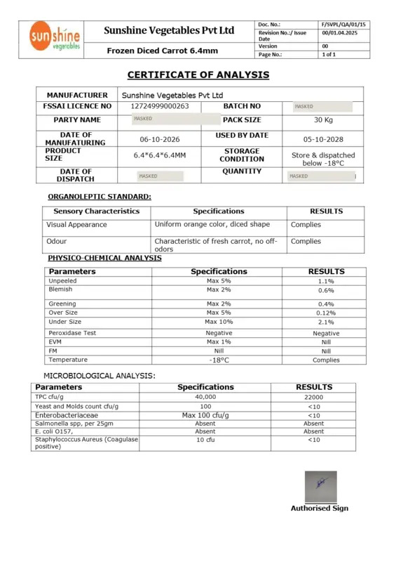 Sample certificate of analysis for IQF diced potato 6.4 mm, customer and batch masked
